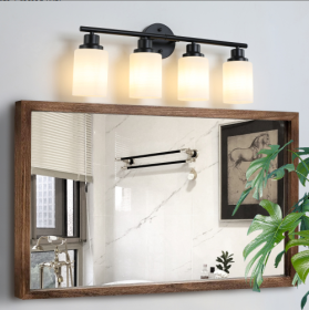 24 Modern 4-Light Vanity Bathroom Mirror Light, Frosted White Glass With Black Iron Frame, Contemporary Wall Sconce For Bedroom, Bathroom, And Dressin