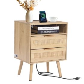 VEVOR Rattan Nightstand, Boho Bedside Table with Drawer Open Shelf, Rattan End Table Wooden Nightstand with Solid Wood Legs