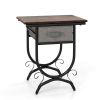 Side Table with Fabric Drawer and Carved Metal Frame for Living Room