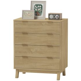 HOMCOM 4 Drawer Double Dresser for Bedroom, Fluted Chest of Drawers with Gold Finger Pulls and 4 Wood Legs, Natural Wood