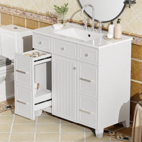 36" Bathroom Vanity with Ceramic Sink, White, Solid Wood Frame, Soft Close Doors, Adjustable Shelves, 3 Drawers