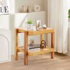 Rattan 2-Tier End Side Table with Tempered Glass Top Acacia Wood Legs