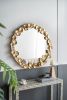 35" Round Metal Wall Mirror with Golden Leaf Accents, Modern Decor Mirror for Living Room Entryway Hallway
