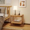 Rattan 2-Tier End Side Table with Tempered Glass Top Acacia Wood Legs