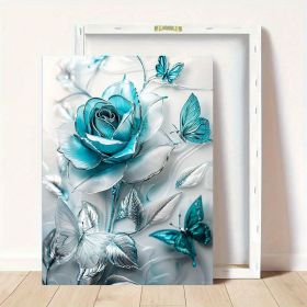 Elegant Turquoise Blue Crystal Rose & Teal Butterflies Canvas Wall Art With Wooden Frame - Classic Decorative Poster For Living Room, Bedroom, Home Of (Option: 12x8inch)