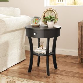 2-Tier Wood Round End Table with Open Drawer (Color: Black)